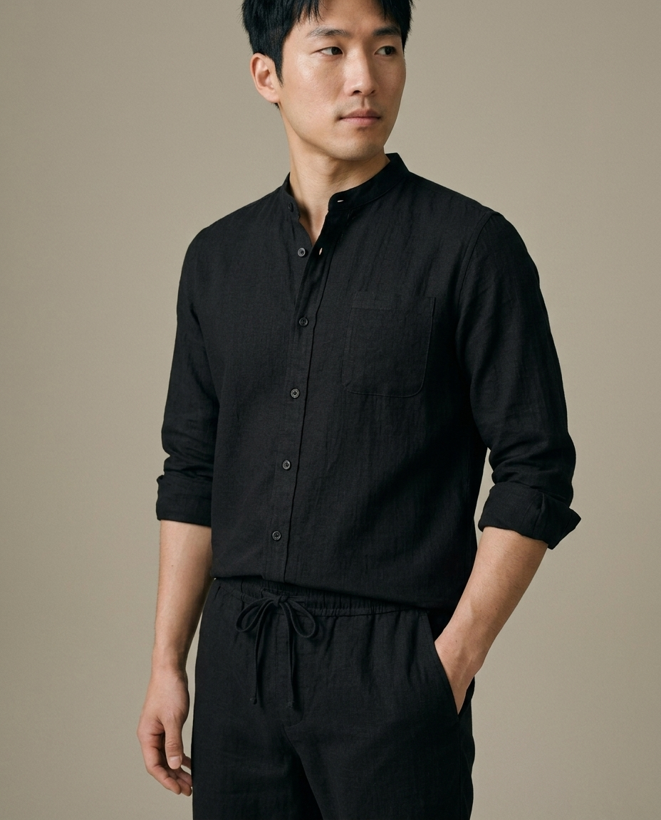 Men's Black Textured Band Collar Set worn by a model, close waist-up view