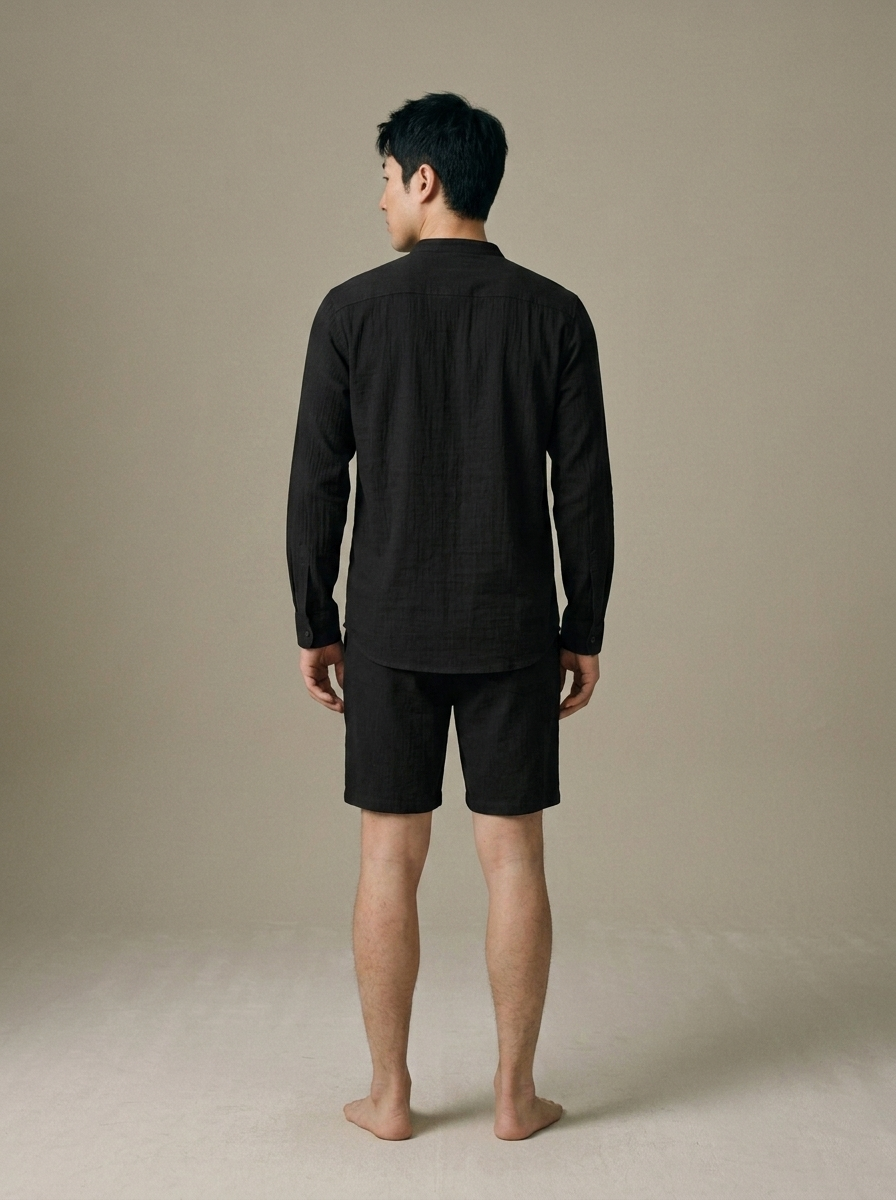 Men's Black Textured Band Collar Set worn by a model, back view