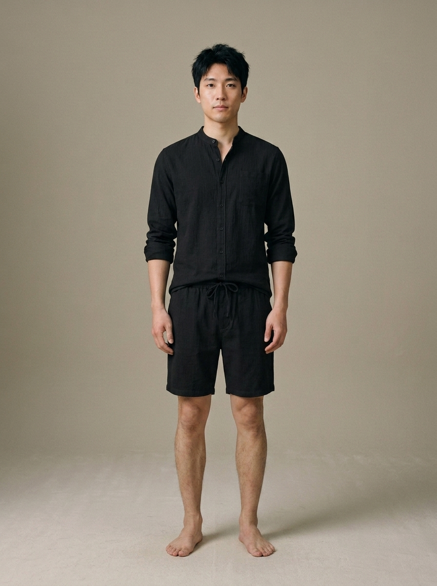 Men's Black Textured Band Collar Set worn by a model, front view