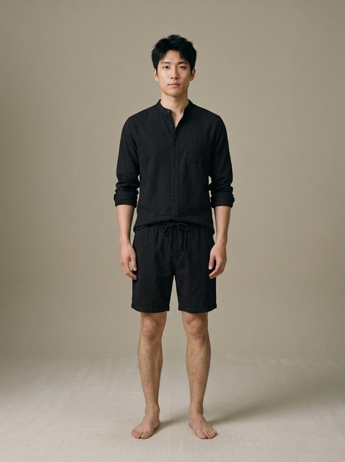 Men's Black Textured Band Collar Set worn by a model, front view
