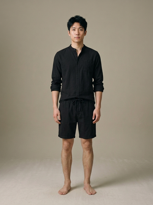Men's Black Textured Band Collar Set worn by a model, front view