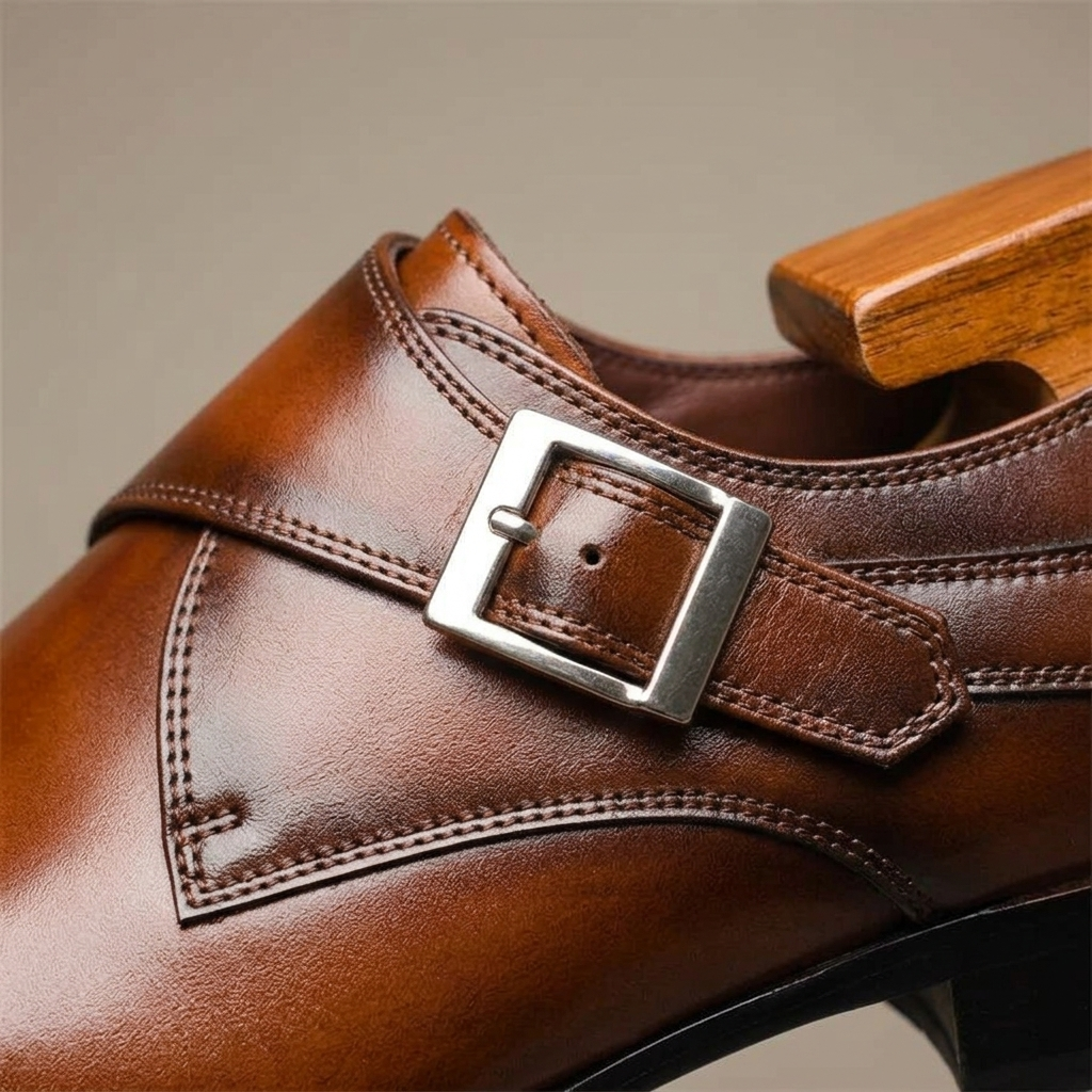 Close-up of Men's Brown Burnished Leather Monk Strap Shoes fabric and detailing