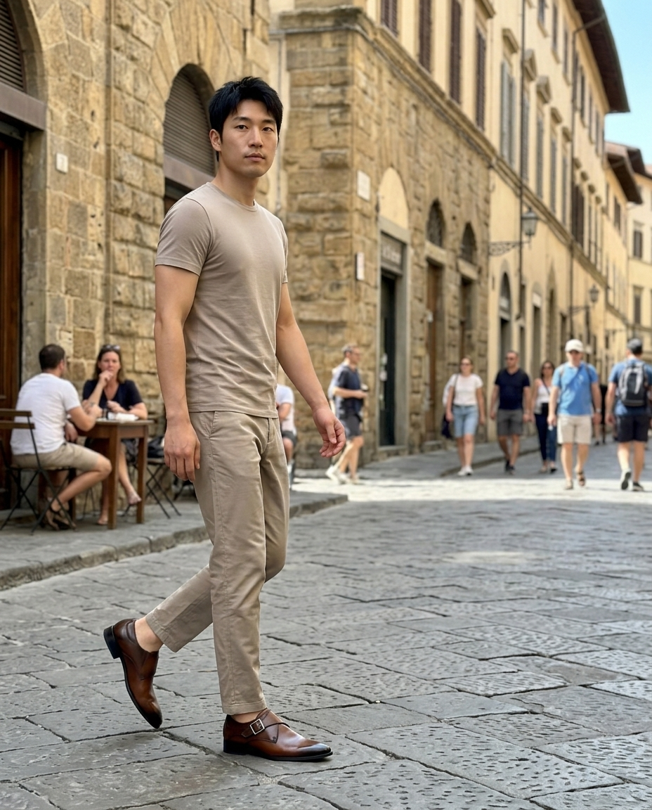 Men's Brown Burnished Leather Monk Strap Shoes worn in an everyday street setting