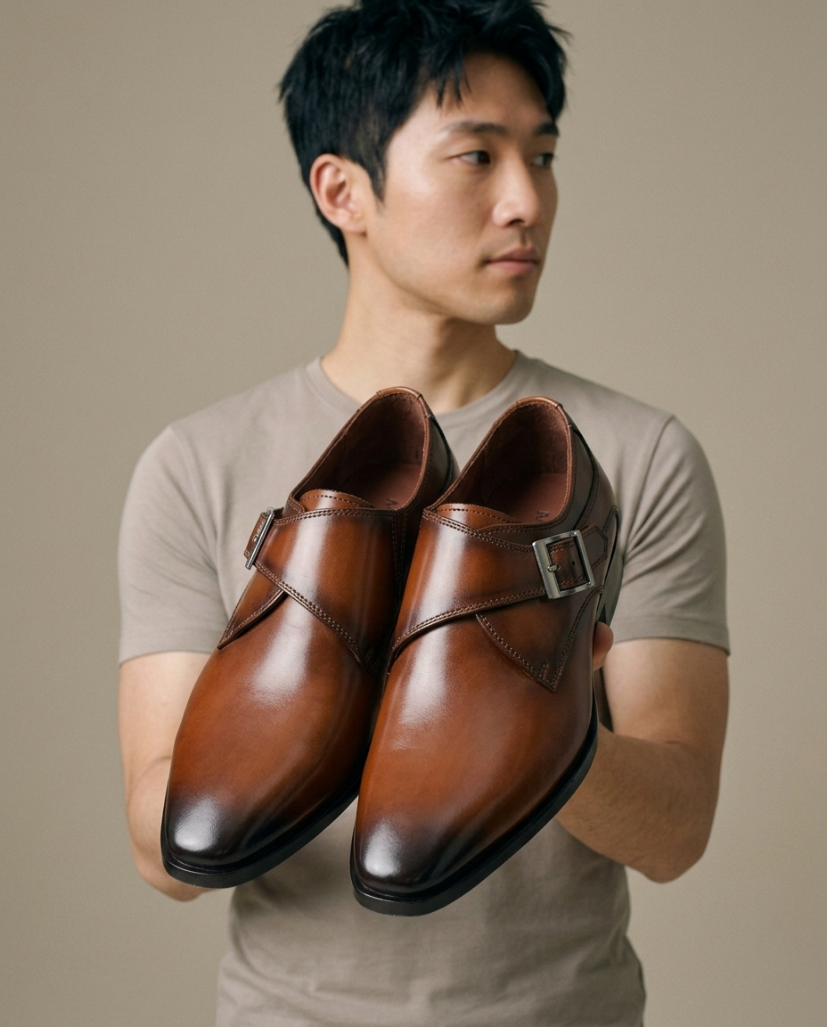 Men's Brown Burnished Leather Monk Strap Shoes worn by a model, close waist-up view