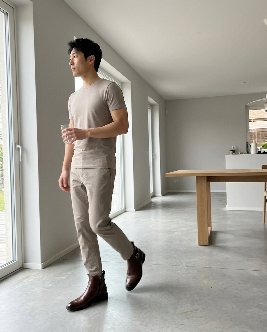 Men's Brown Polished Ankle Boots with Zipper styled in an everyday setting