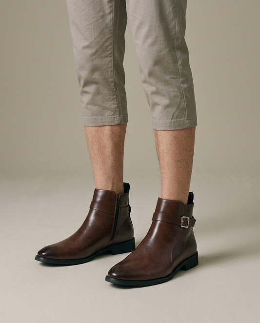 Men's Brown Polished Ankle Boots with Zipper on the foot