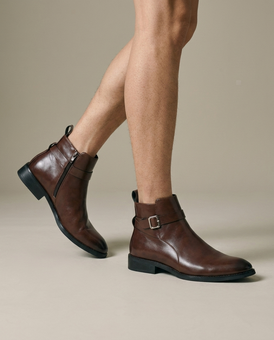 Men's Brown Polished Ankle Boots with Zipper worn, walking