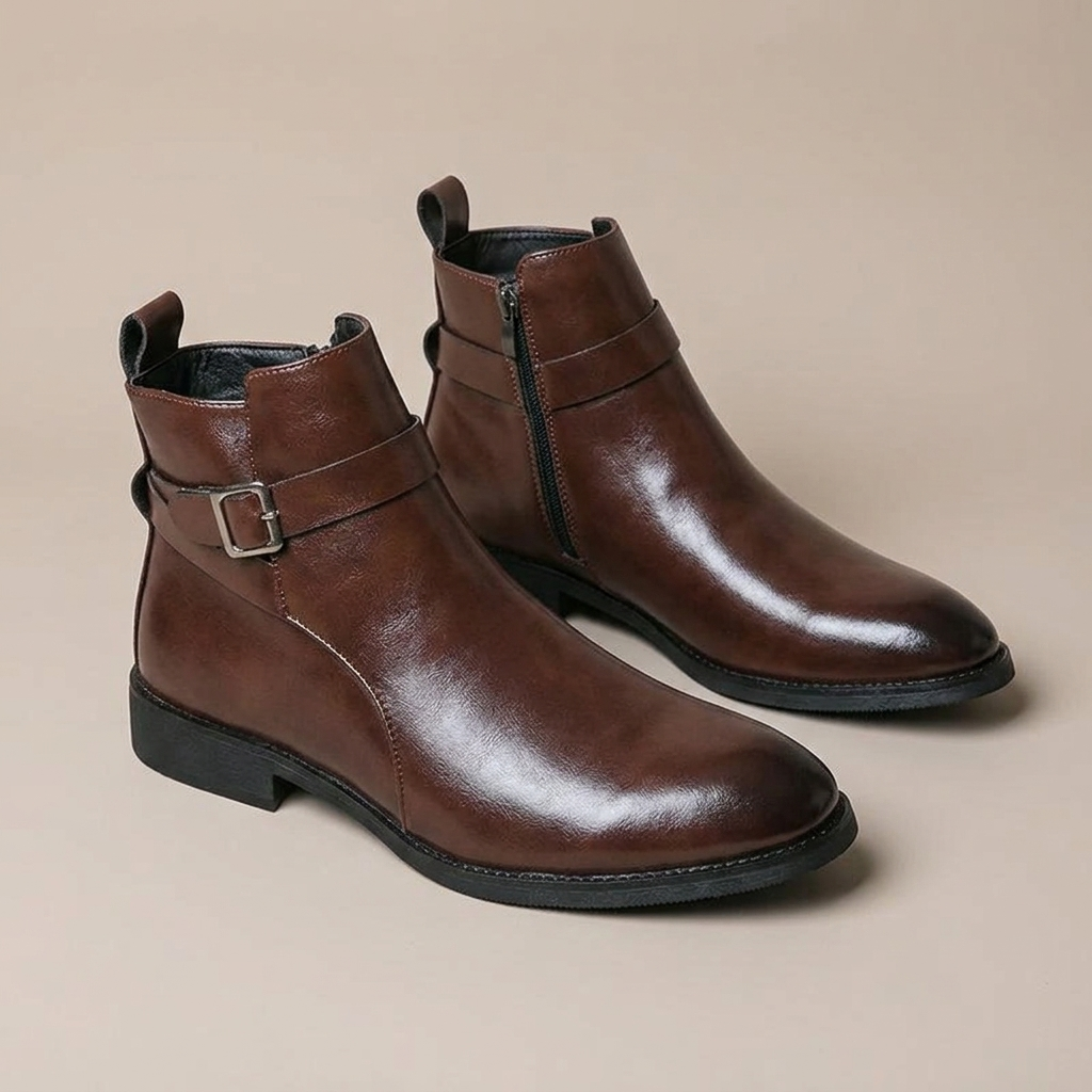 Close-up of Men's Brown Polished Ankle Boots with Zipper