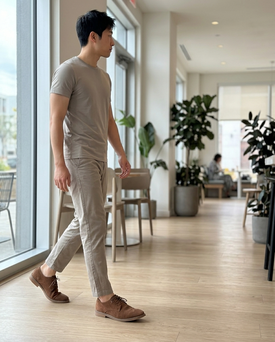 Men's Brown Suede Lace-Up Shoes styled in a daylight interior setting