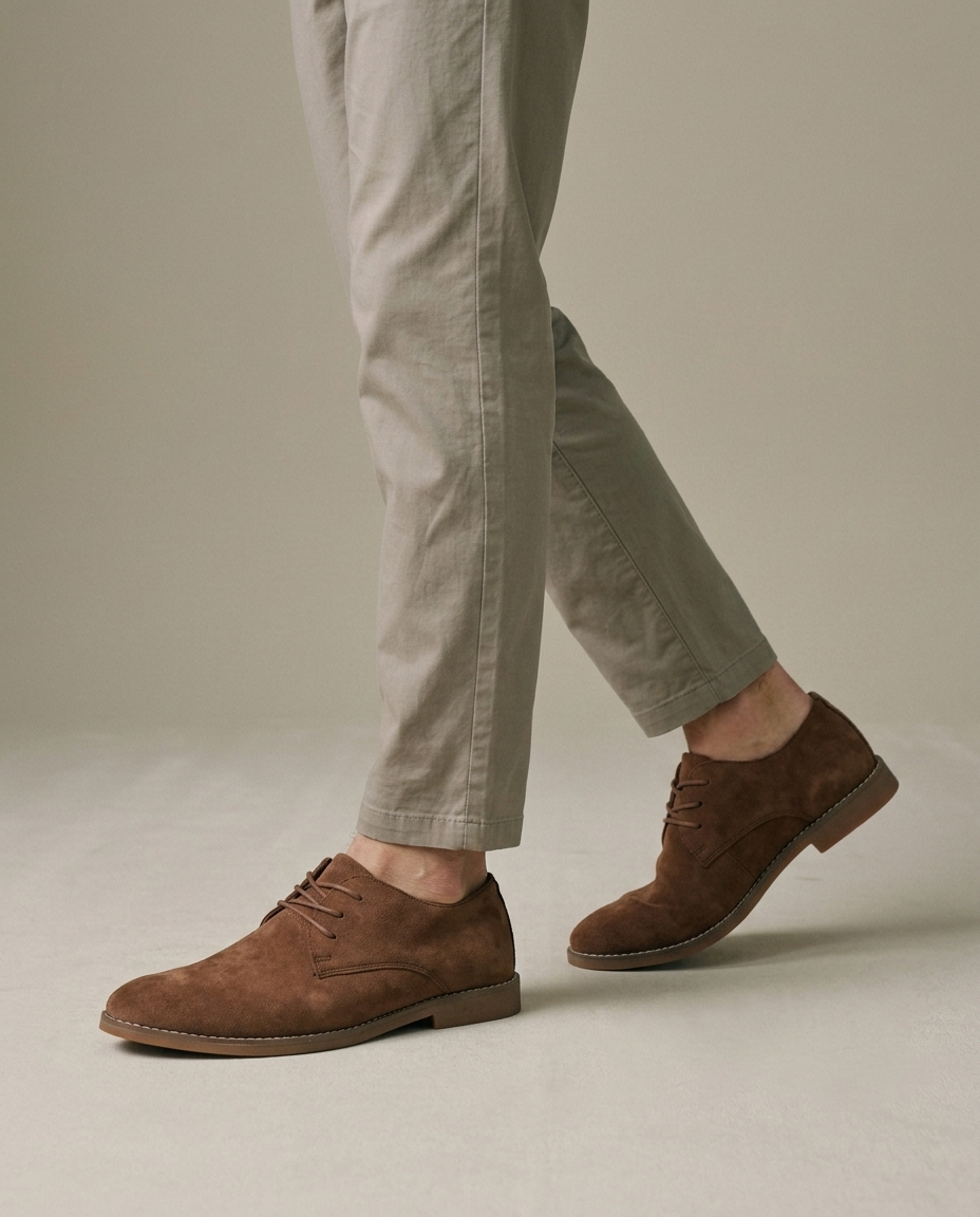 Men's Brown Suede Lace-Up Shoes worn, walking