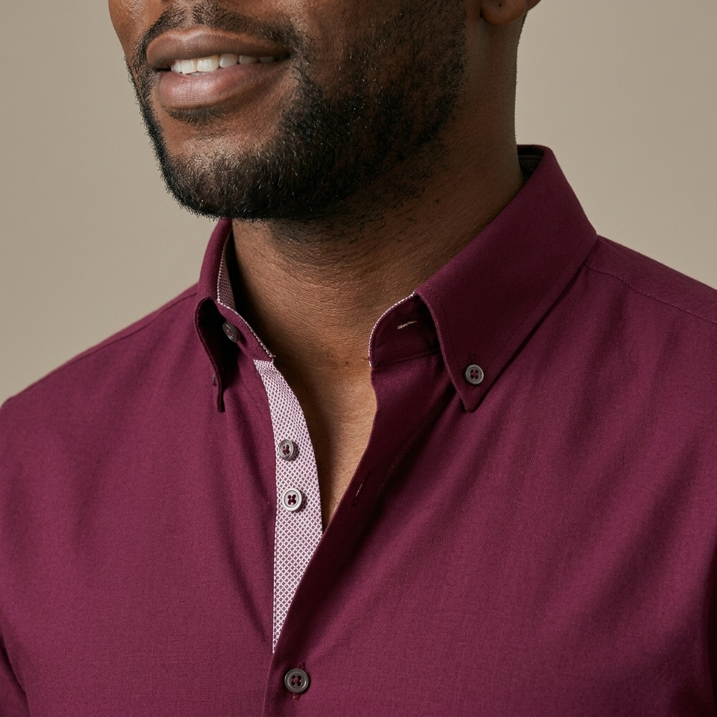 Close-up of Men's Burgundy Button-Down Contrast Shirt detail