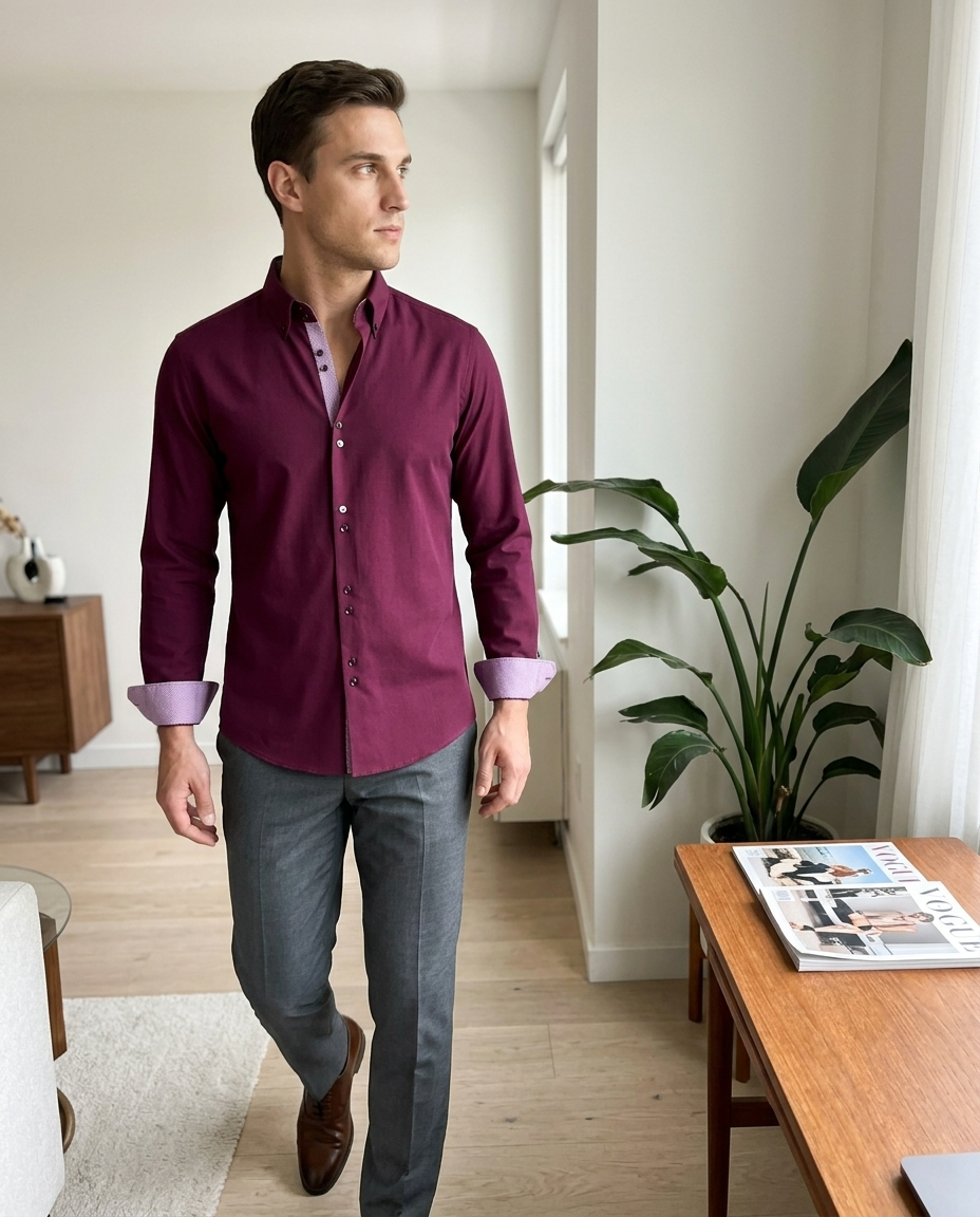 Men's Burgundy Button-Down Contrast Shirt styled in a daylight interior setting
