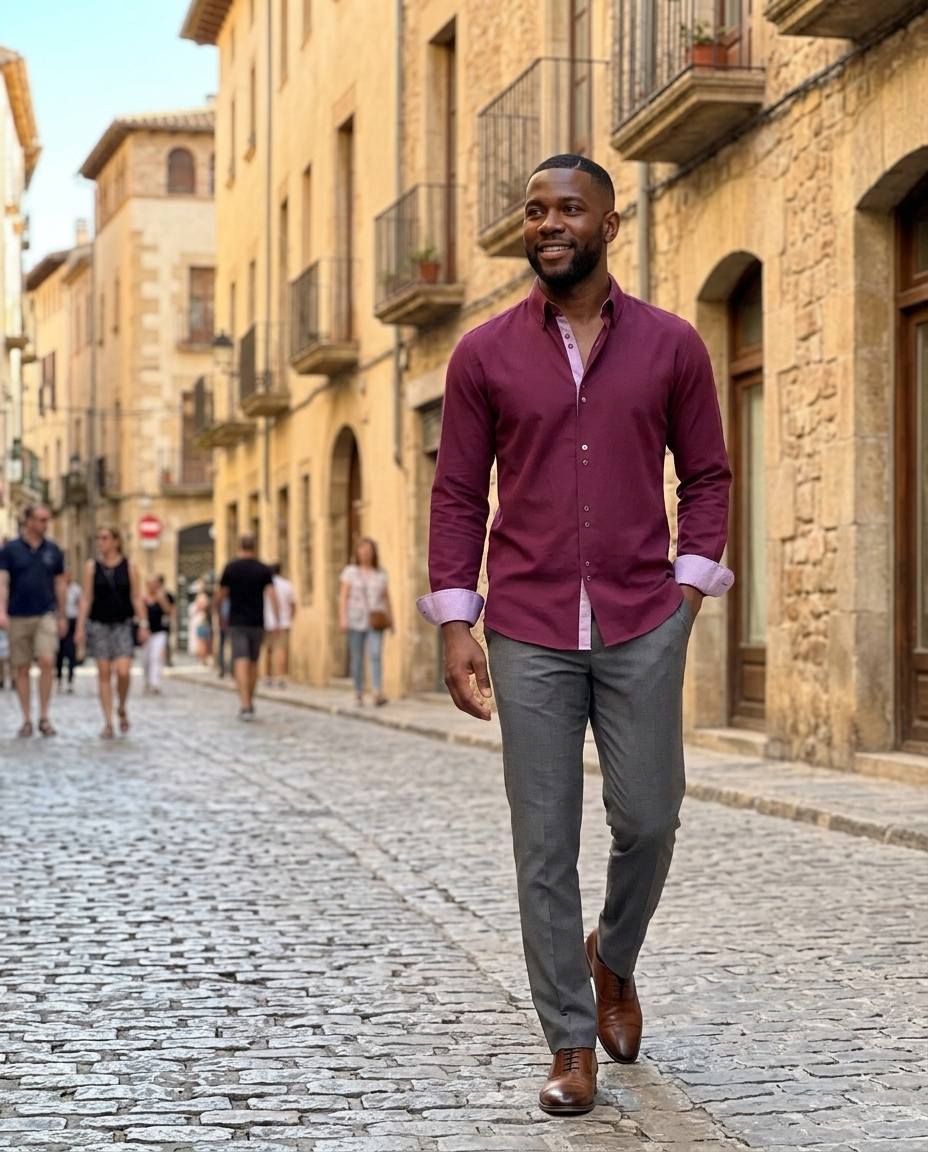 Men's Burgundy Button-Down Contrast Shirt worn in an everyday street setting