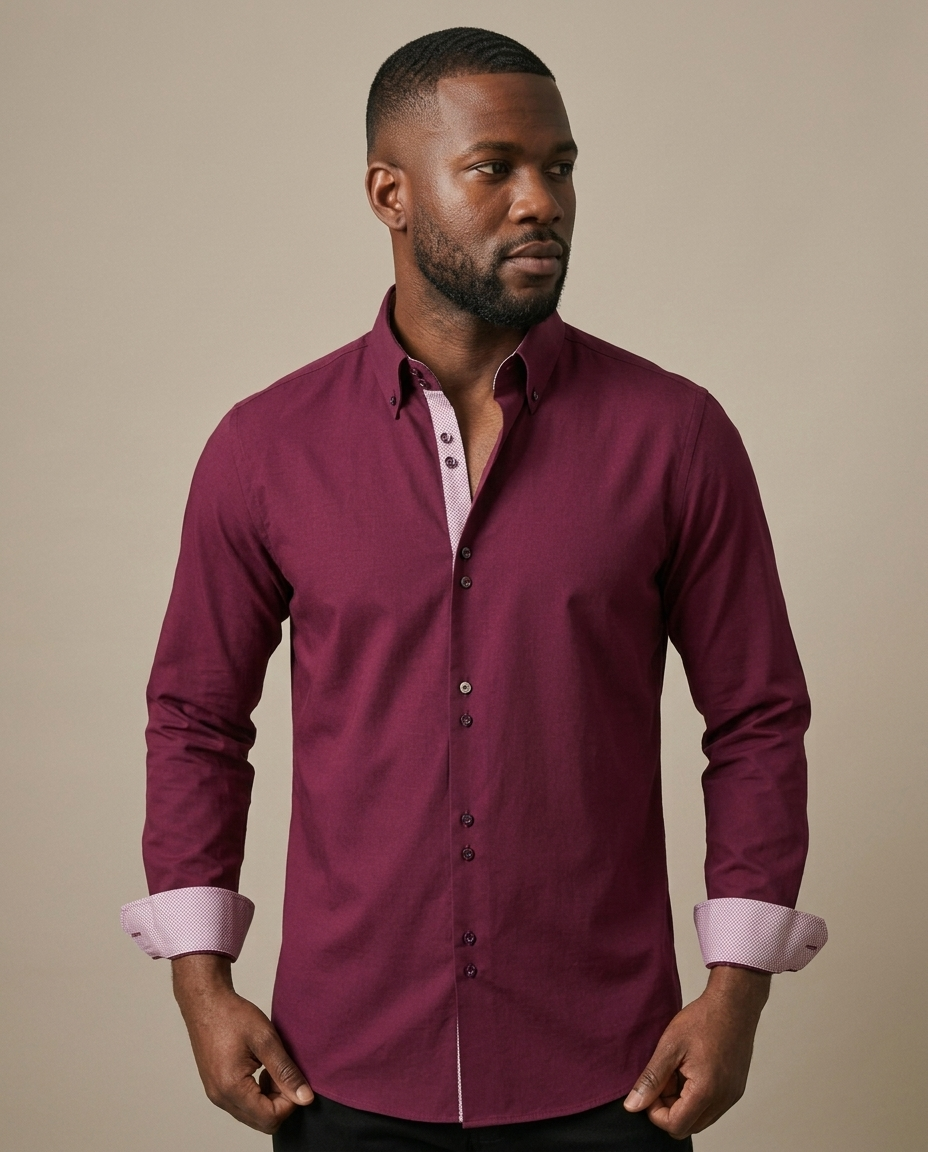 Men's Burgundy Button-Down Contrast Shirt worn by a model, close waist-up view