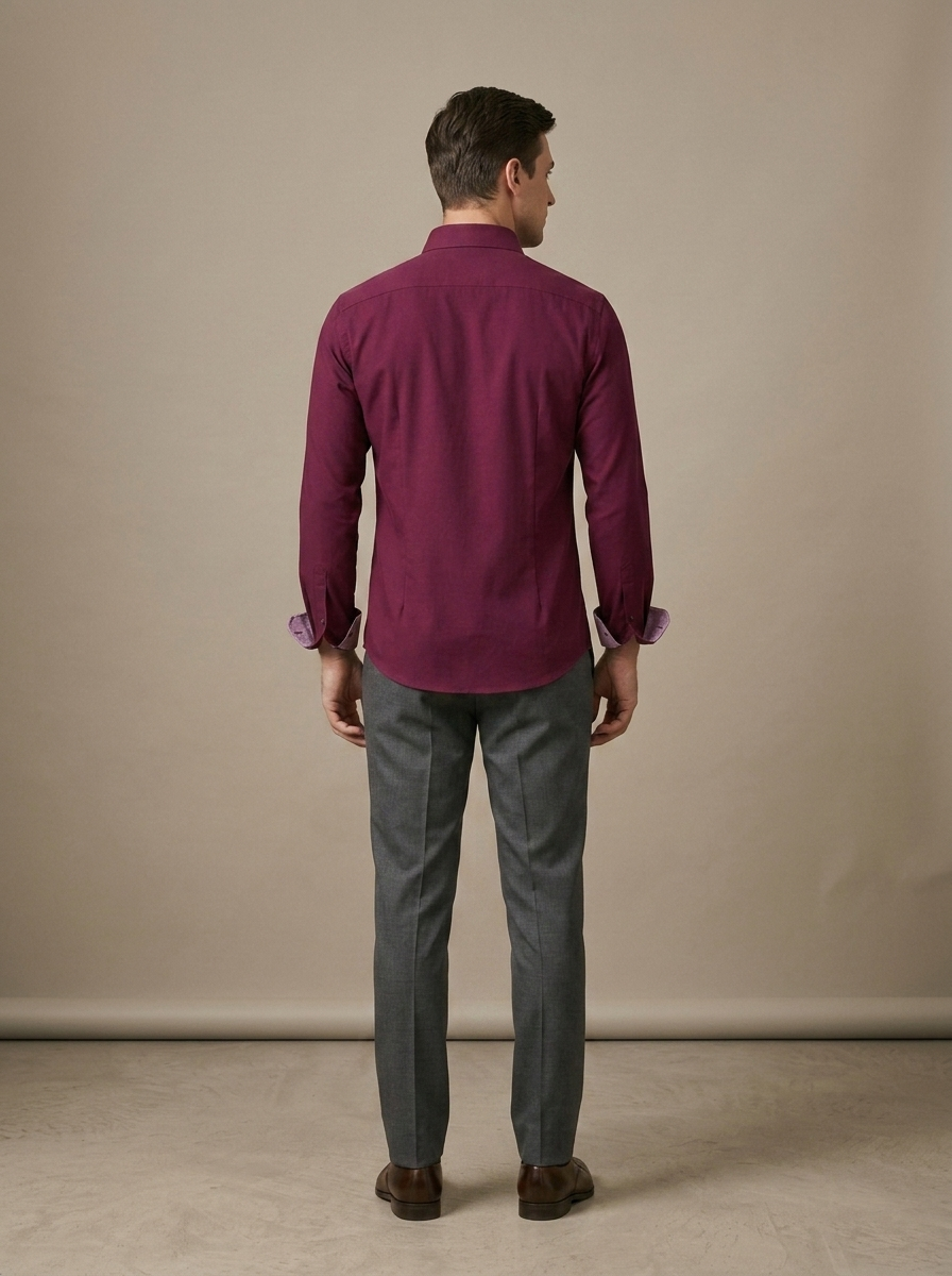 Men's Burgundy Button-Down Contrast Shirt worn by a model, back view