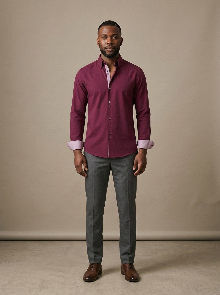 Men's Burgundy Button-Down Contrast Shirt worn by a model, front view