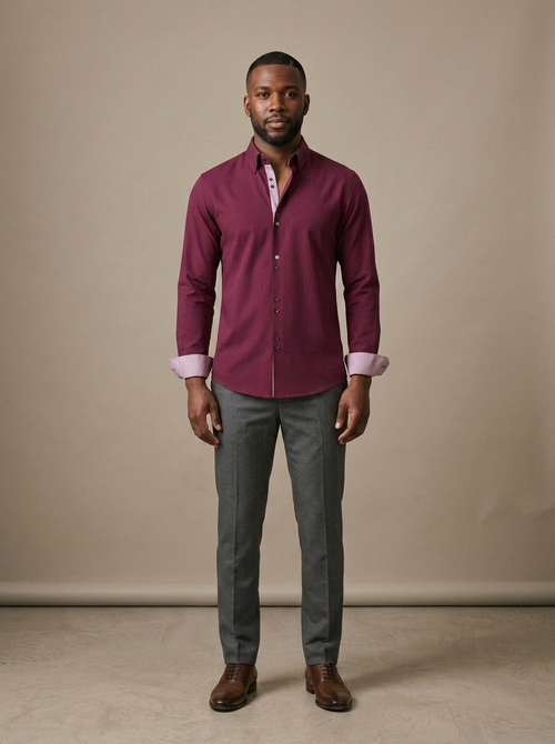 Men's Burgundy Button-Down Contrast Shirt worn by a model, front view