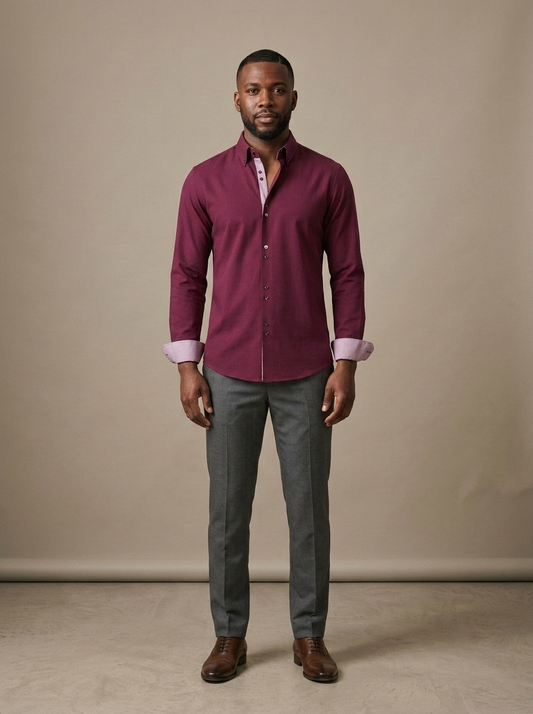 Men's Burgundy Button-Down Contrast Shirt worn by a model, front view