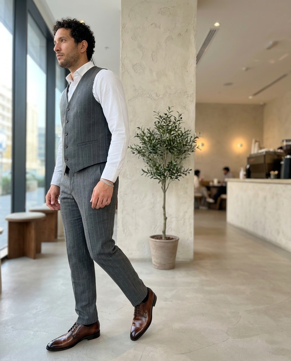 Men's Burnished Brown Leather Derby Shoes styled in an everyday setting