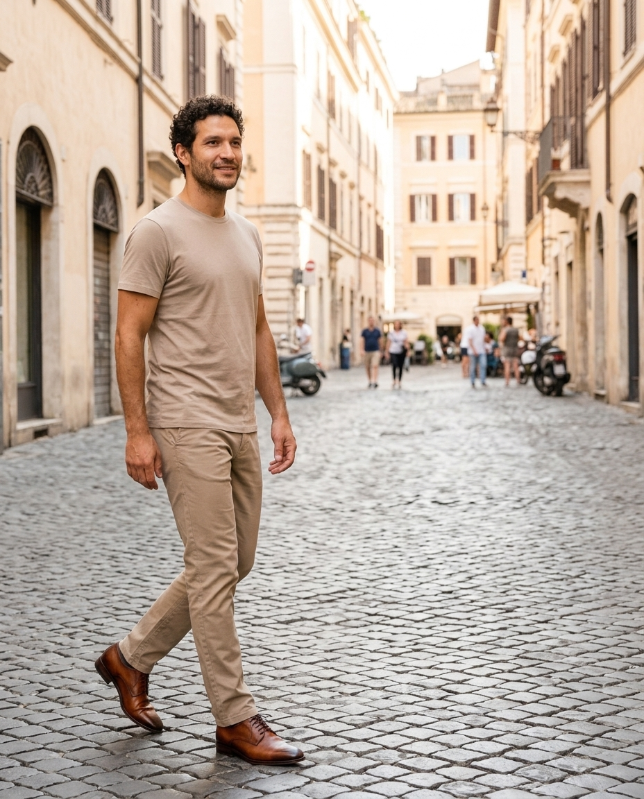 Men's Burnished Brown Leather Derby Shoes styled in an everyday setting