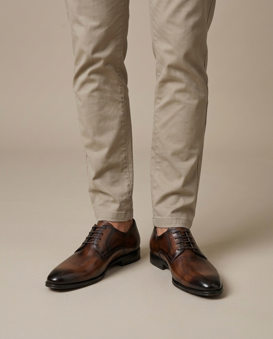 Men's Burnished Brown Leather Derby Shoes on the foot