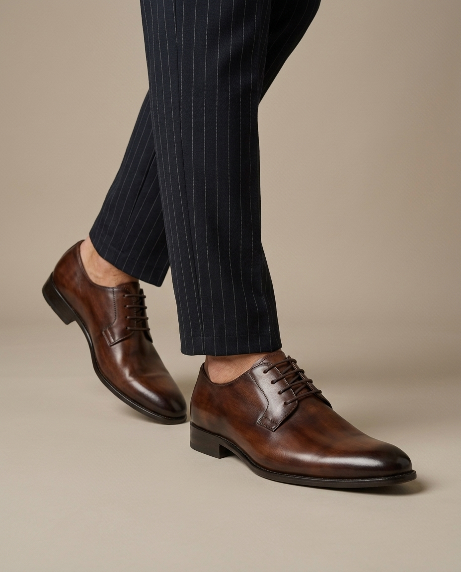 Men's Burnished Brown Leather Derby Shoes worn, walking