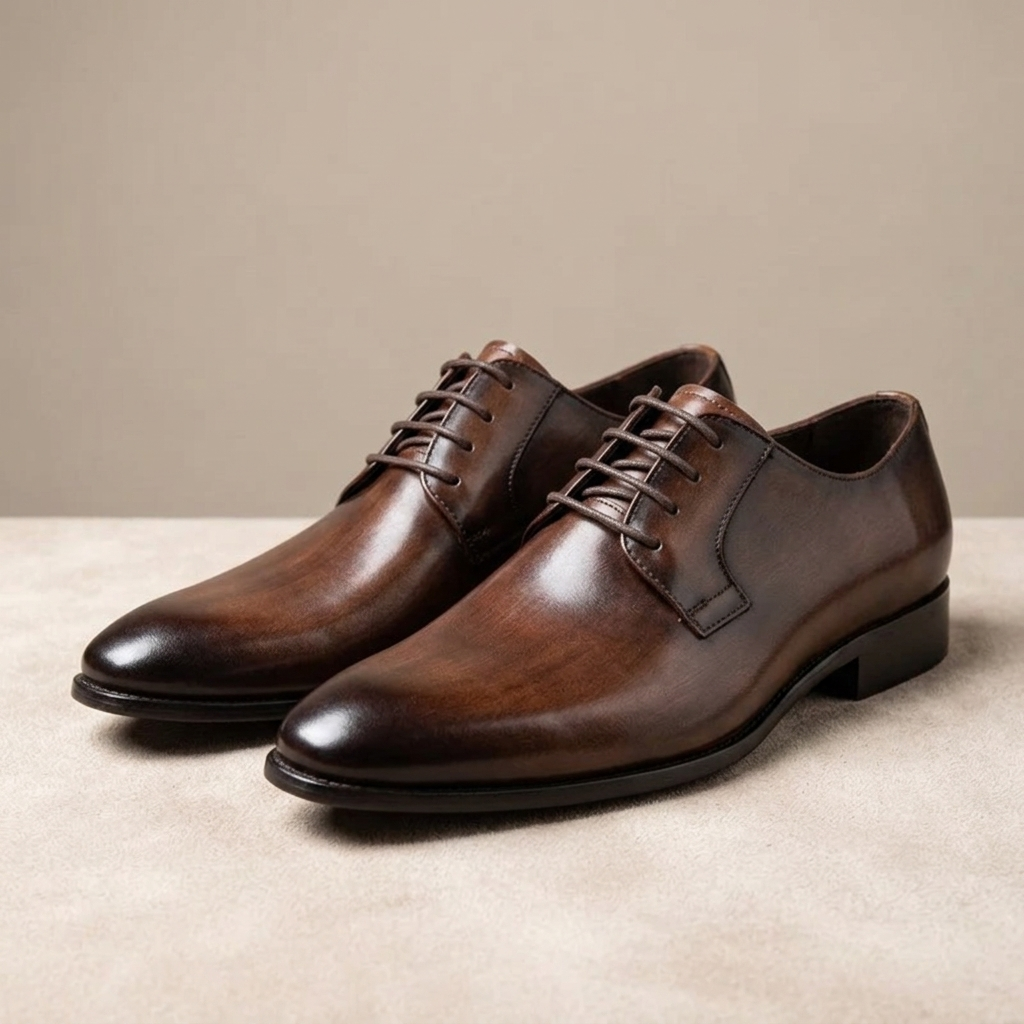 Close-up of Men's Burnished Brown Leather Derby Shoes