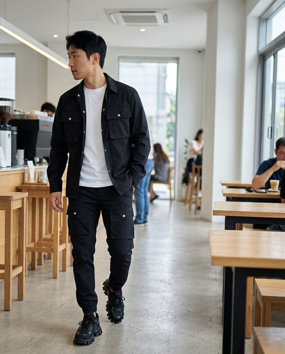 Men's Cargo Overshirt and Jogger Set styled in a daylight interior setting