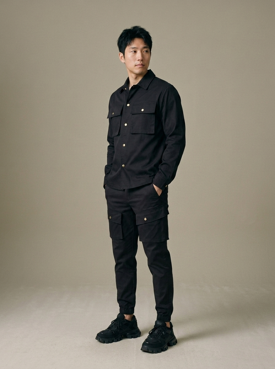 Men's Cargo Overshirt and Jogger Set worn by a model, three-quarter angle