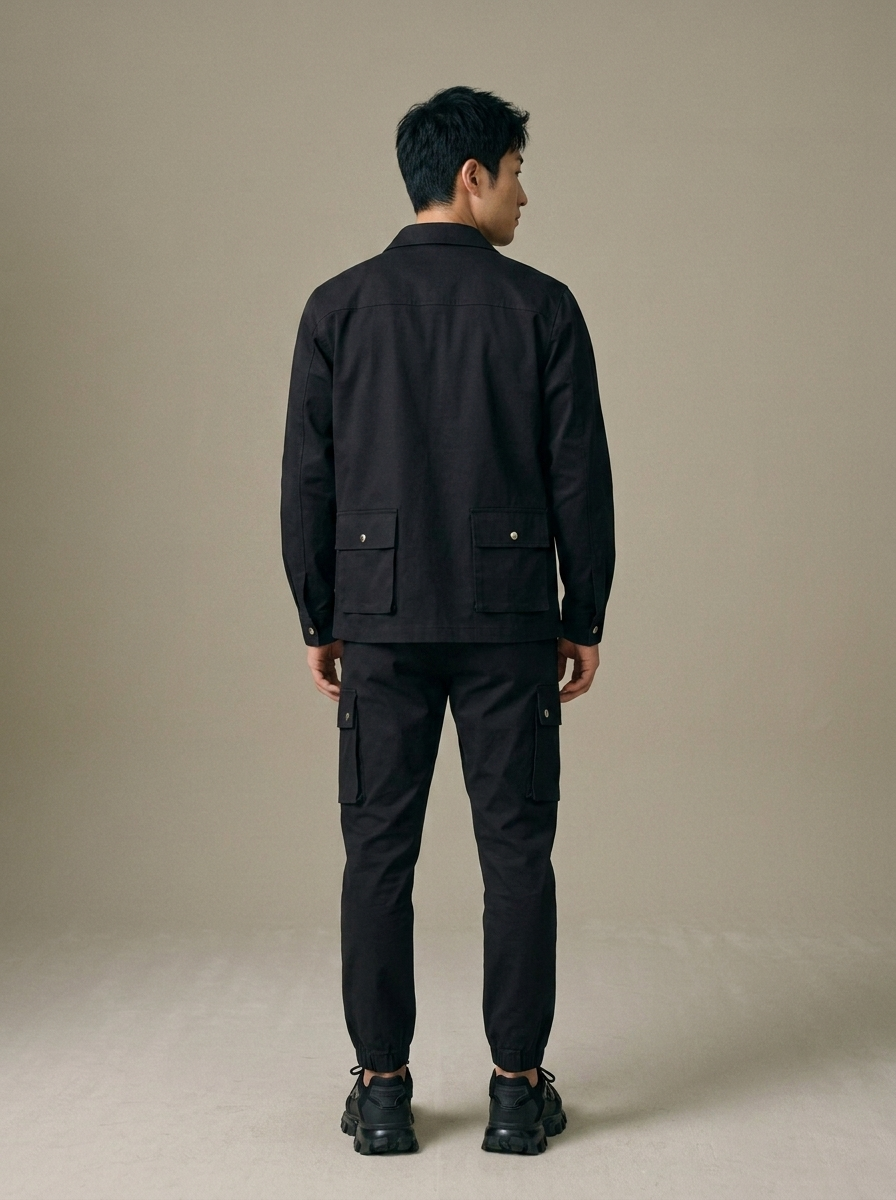 Men's Cargo Overshirt and Jogger Set worn by a model, back view
