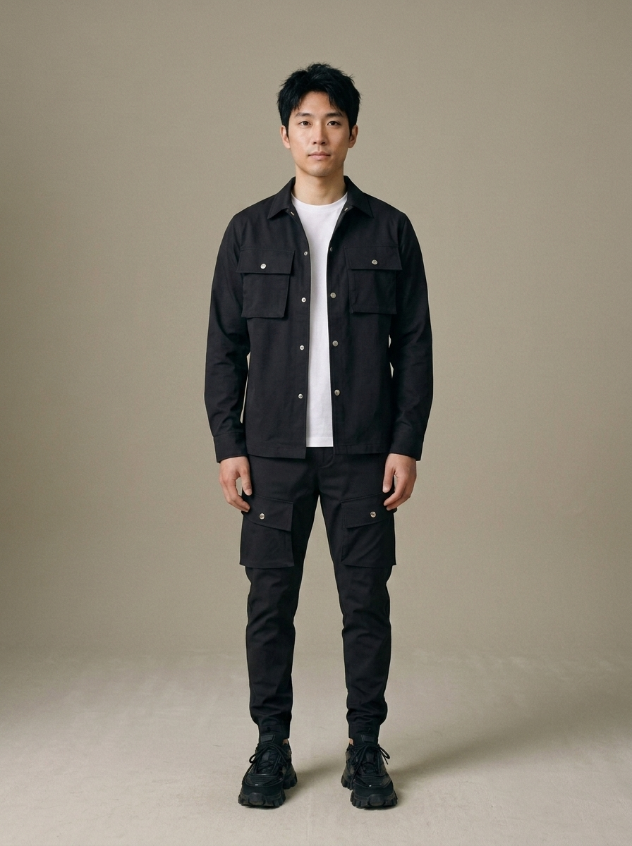 Men's Cargo Overshirt and Jogger Set worn by a model, front view