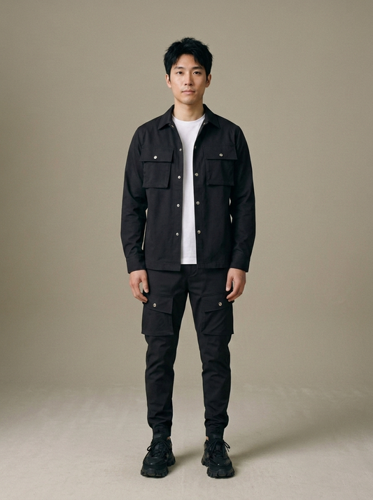 Men's Cargo Overshirt and Jogger Set worn by a model, front view