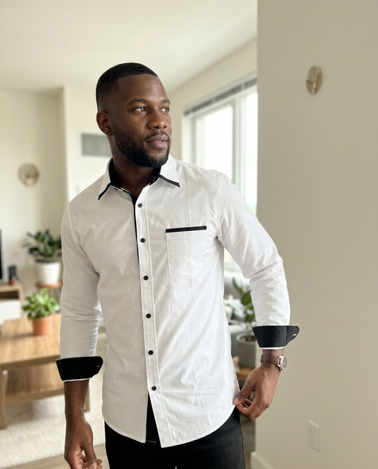 Men's Contrast Trim Button-Down Shirt styled in a daylight interior setting