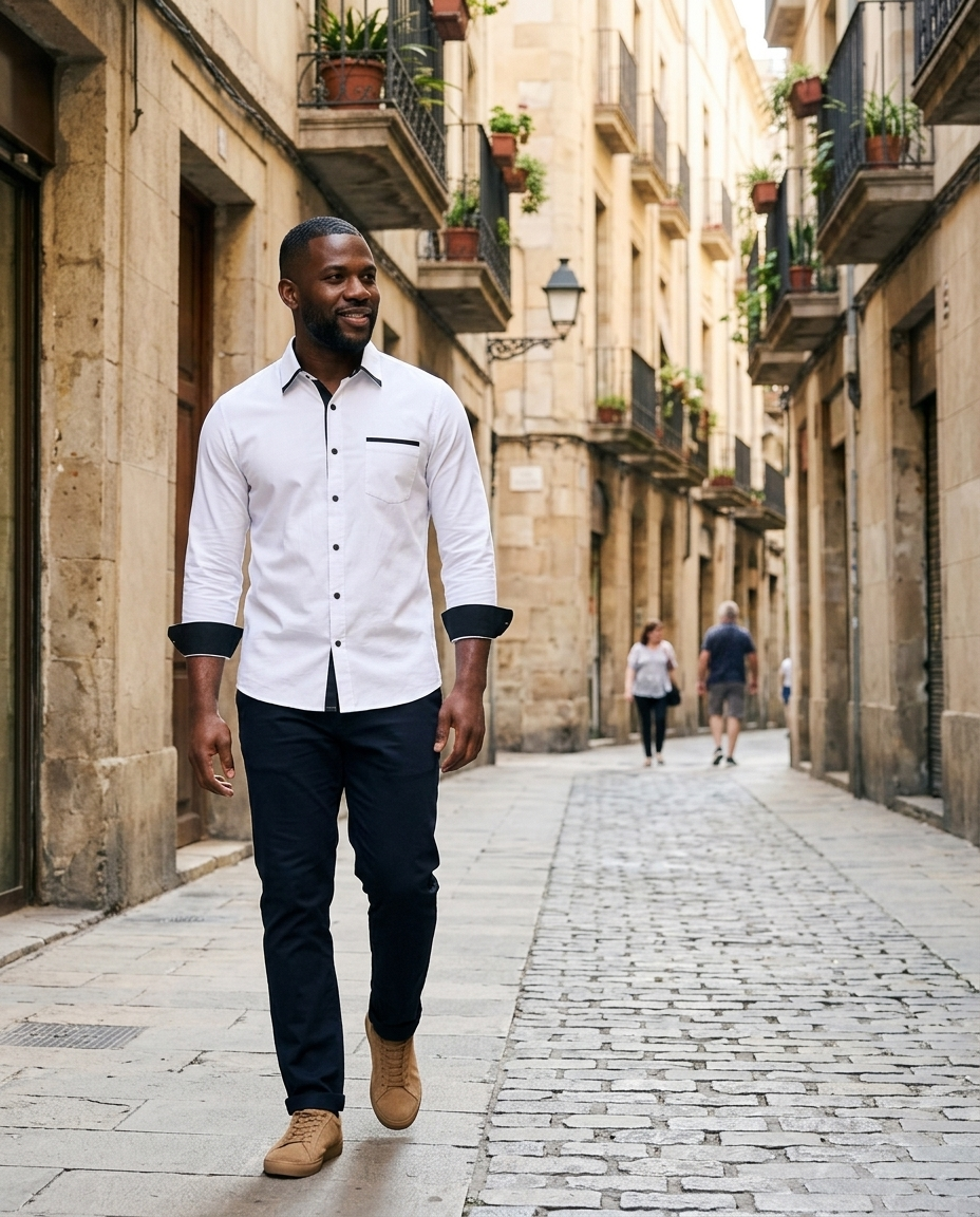 Men's Contrast Trim Button-Down Shirt worn in an everyday street setting