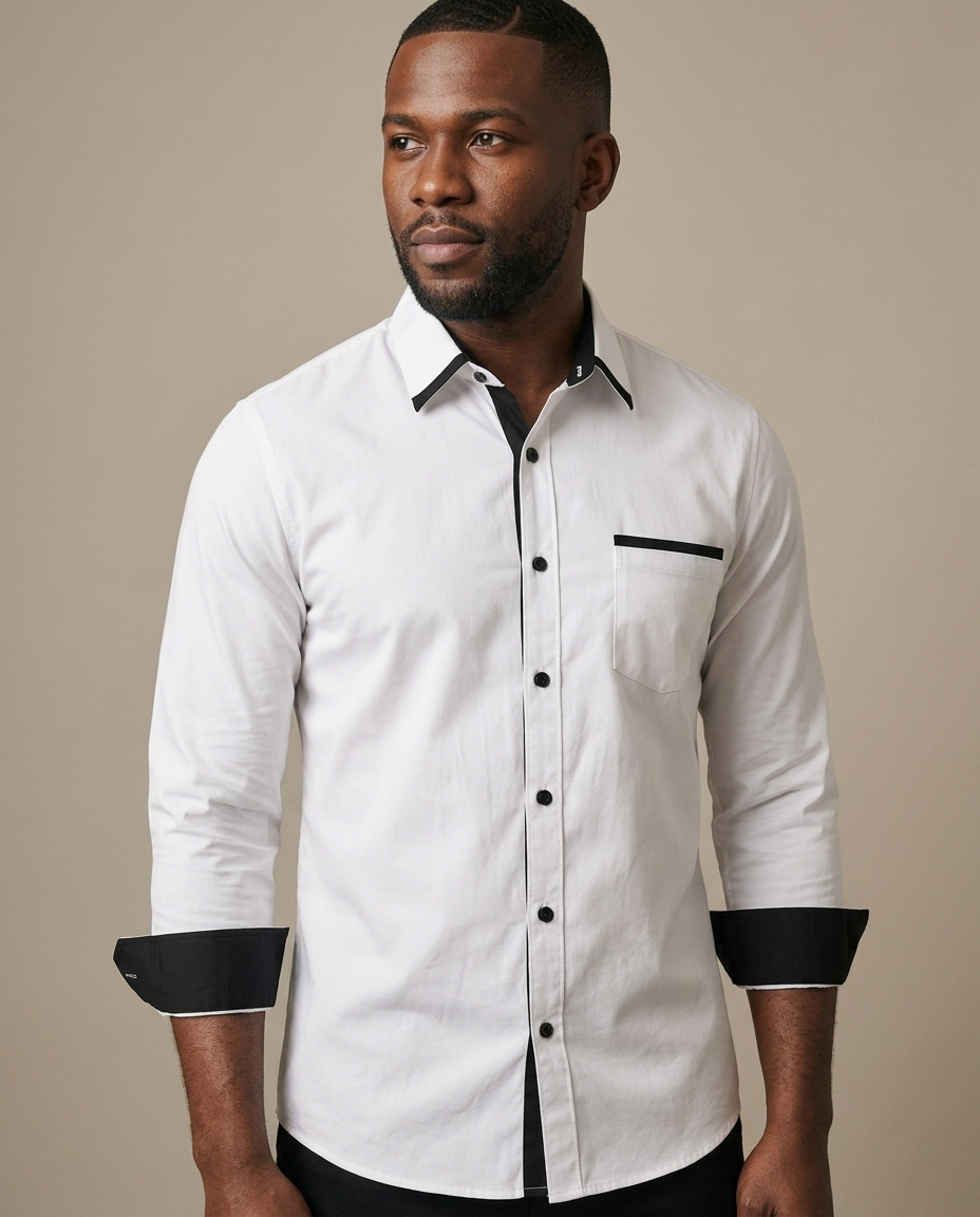 Men's Contrast Trim Button-Down Shirt worn by a model, close waist-up view