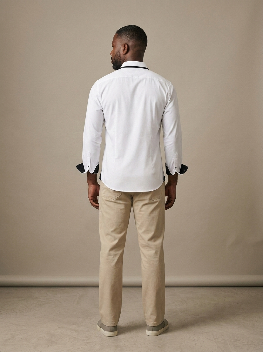 Men's Contrast Trim Button-Down Shirt worn by a model, back view