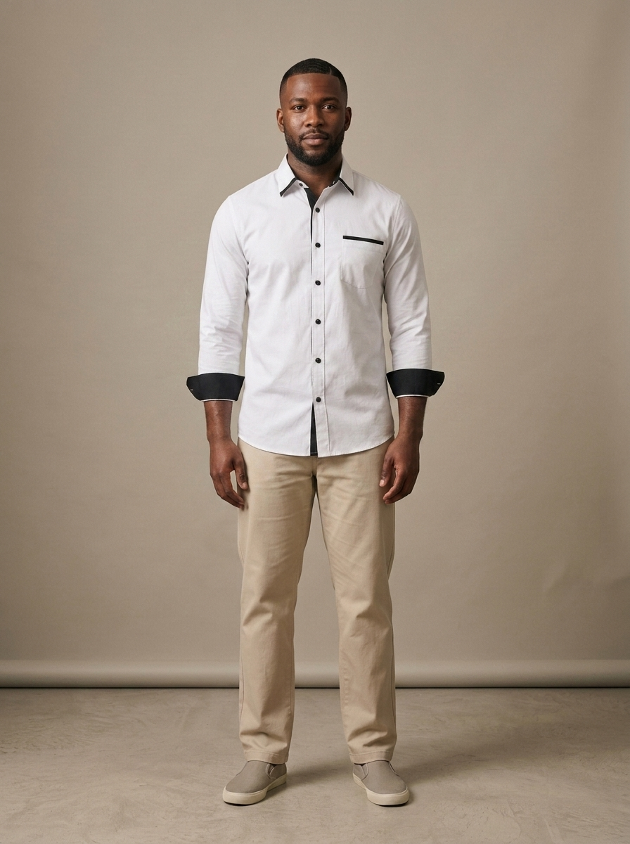 Men's Contrast Trim Button-Down Shirt worn by a model, front view