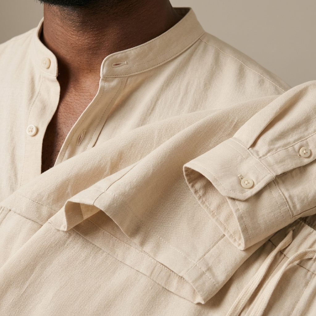 Close-up of Men's Cream Band Collar Shirt Shorts Set detail