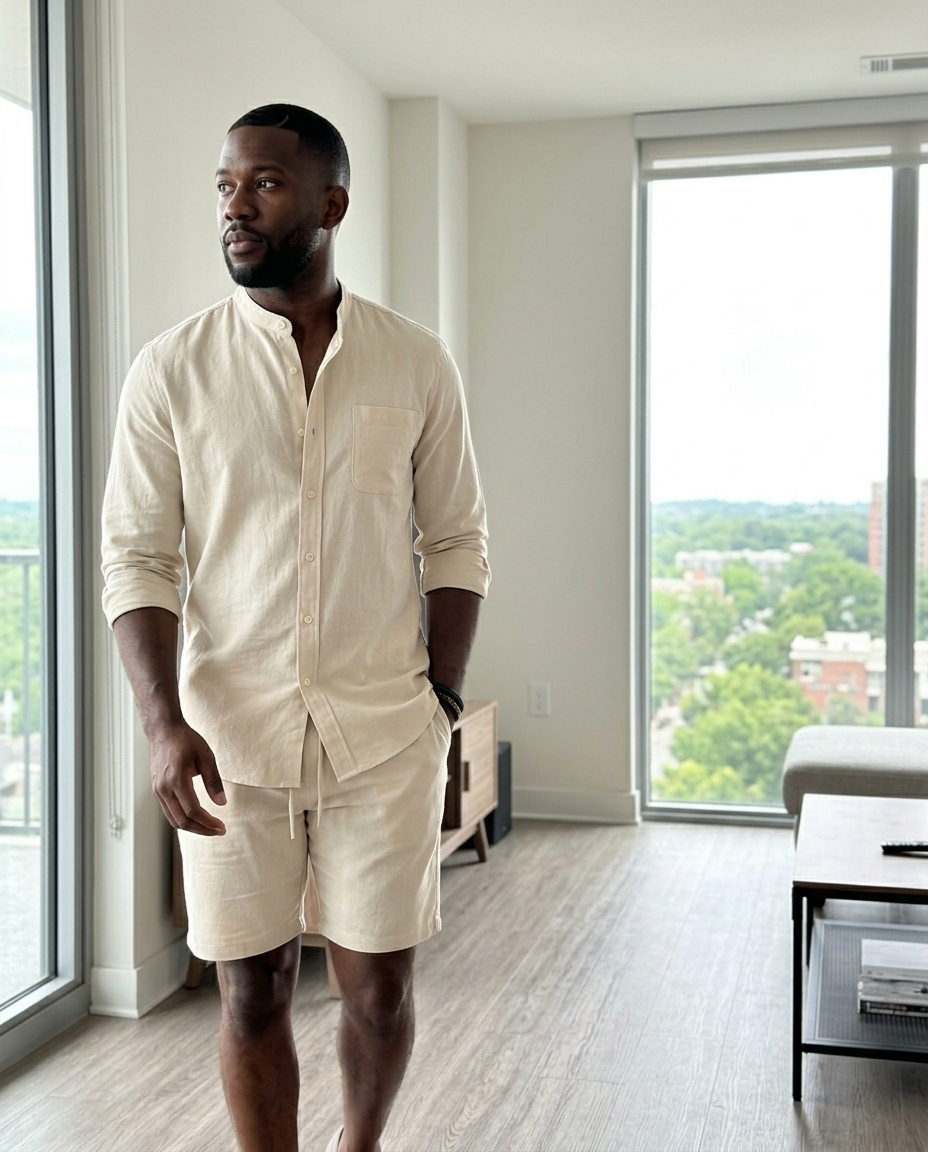 Men's Cream Band Collar Shirt Shorts Set styled in a daylight interior setting