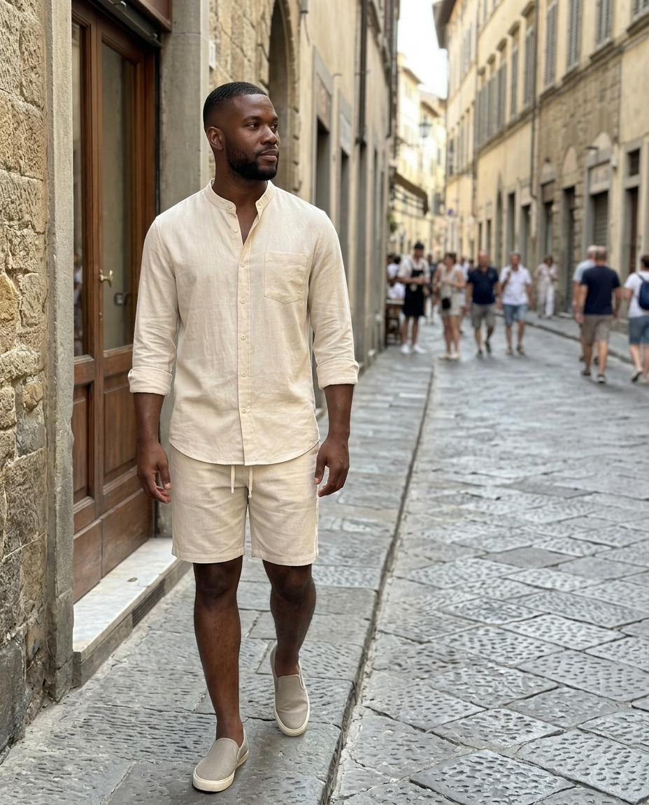 Men's Cream Band Collar Shirt Shorts Set worn in an everyday street setting