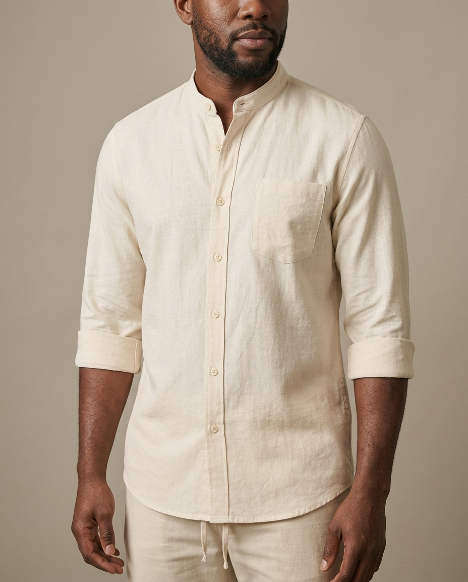 Men's Cream Band Collar Shirt Shorts Set worn by a model, close waist-up view