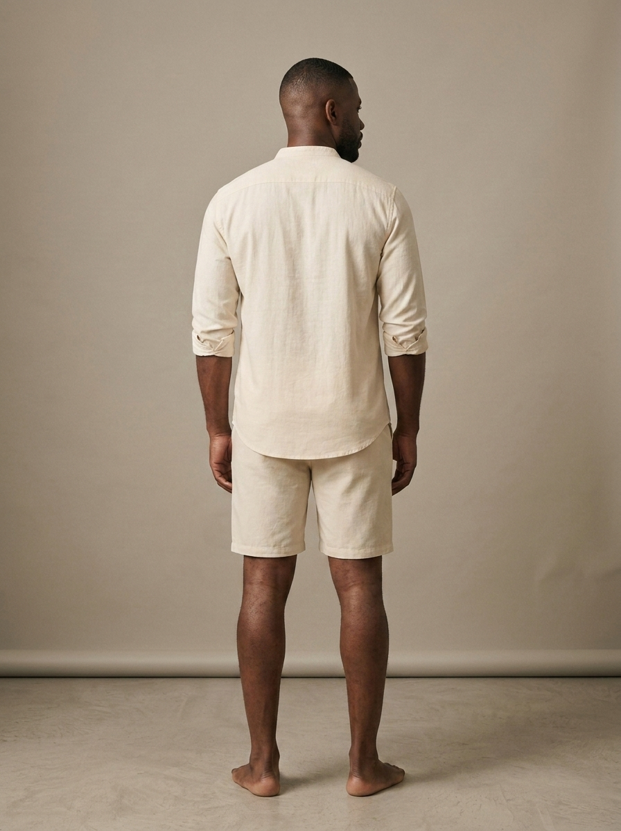 Men's Cream Band Collar Shirt Shorts Set worn by a model, back view