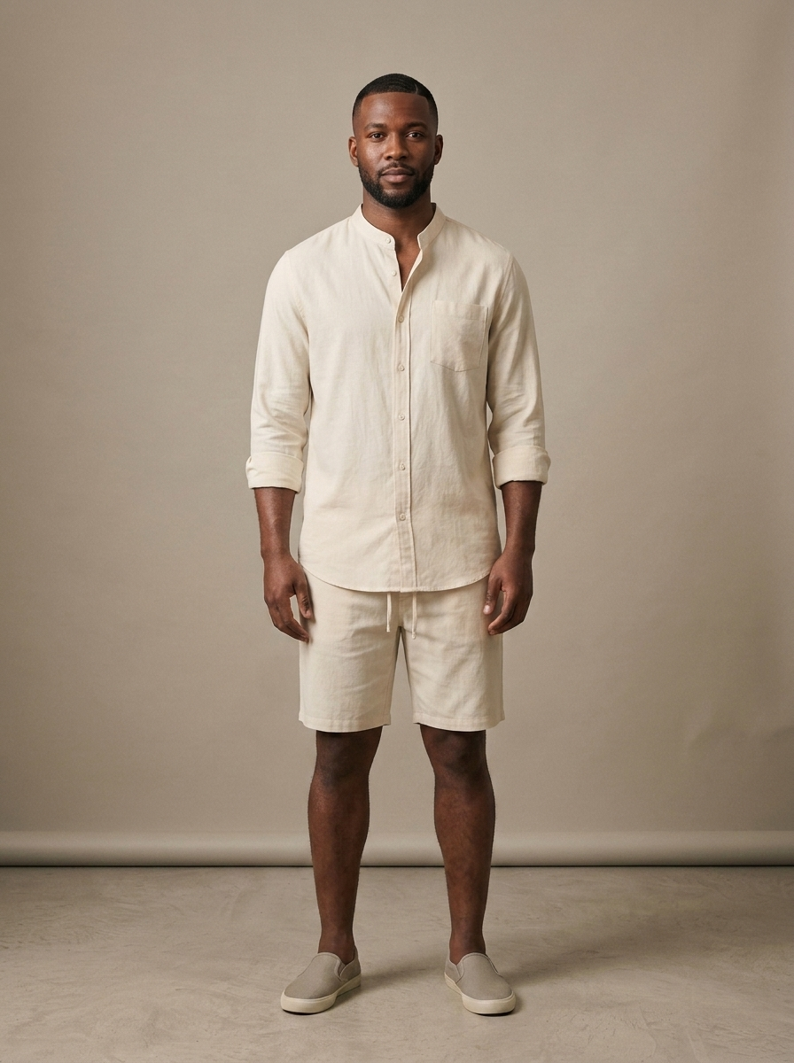 Men's Cream Band Collar Shirt Shorts Set worn by a model, front view