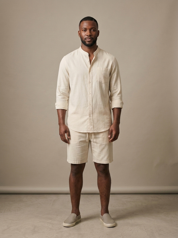 Men's Cream Band Collar Shirt Shorts Set
