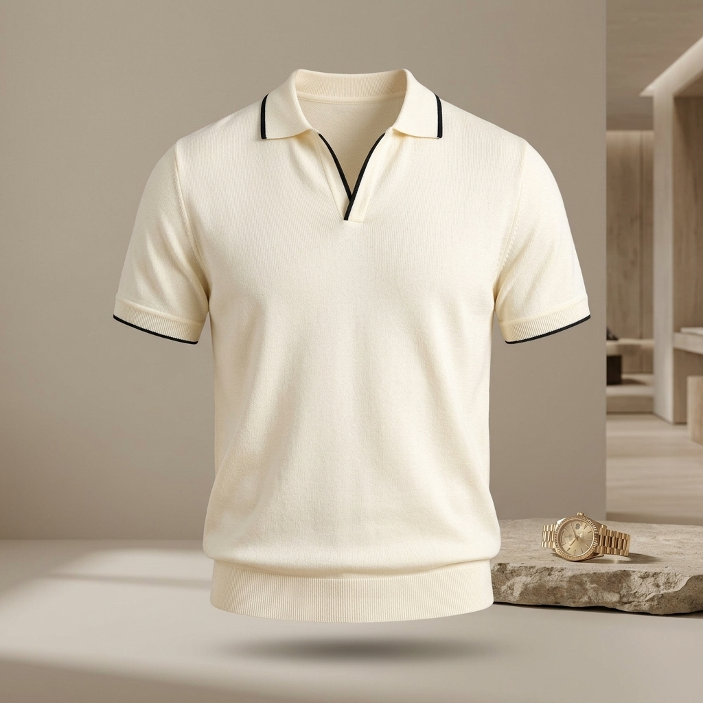Macro of Men's Cream Knit Polo Shirt, Black Trim fabric texture and weave