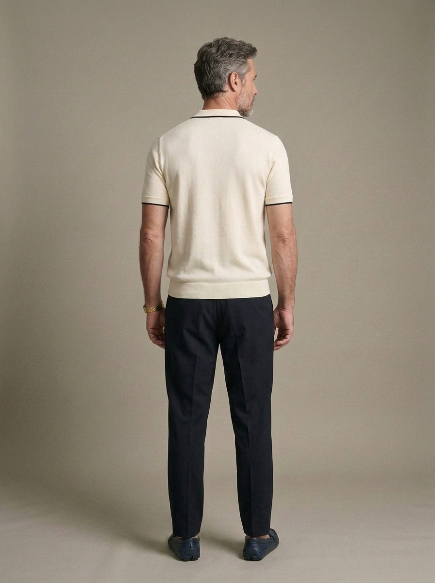 Men's Cream Knit Polo Shirt, Black Trim worn by a model, back view