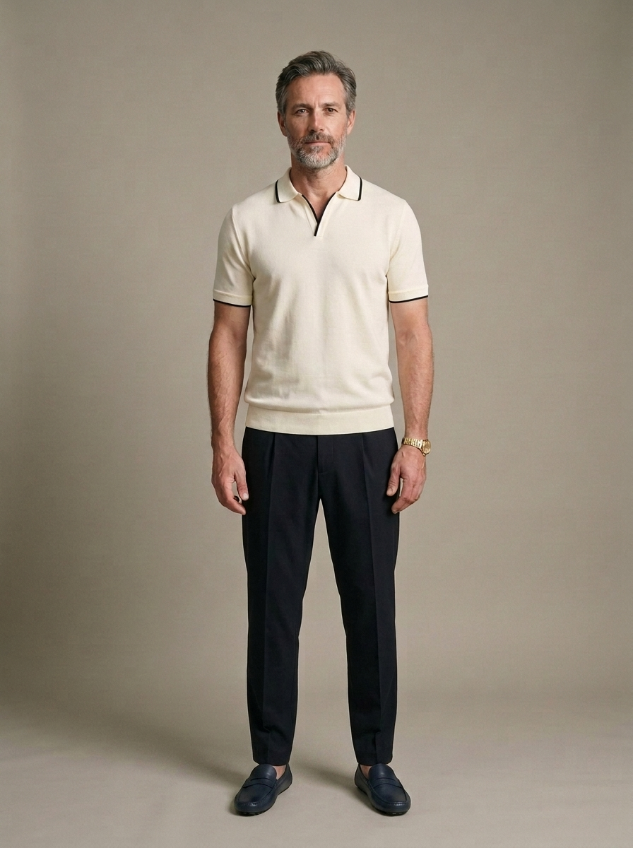 Men's Cream Knit Polo Shirt, Black Trim worn by a model, front view