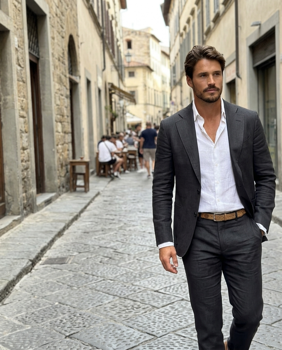 Men's Dark Grey Linen Suit Blazer worn in an everyday street setting