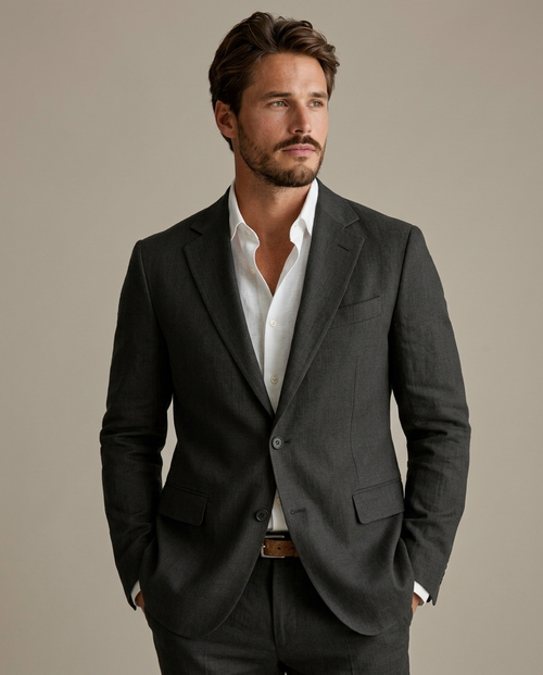Men's Dark Grey Linen Suit Blazer worn by a model, close waist-up view