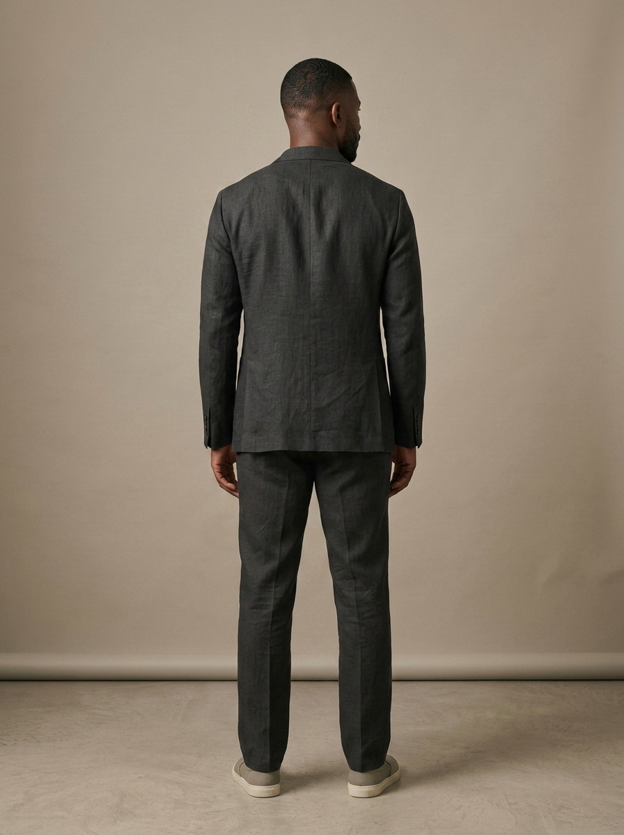 Men's Dark Grey Linen Suit Blazer worn by a model, back view